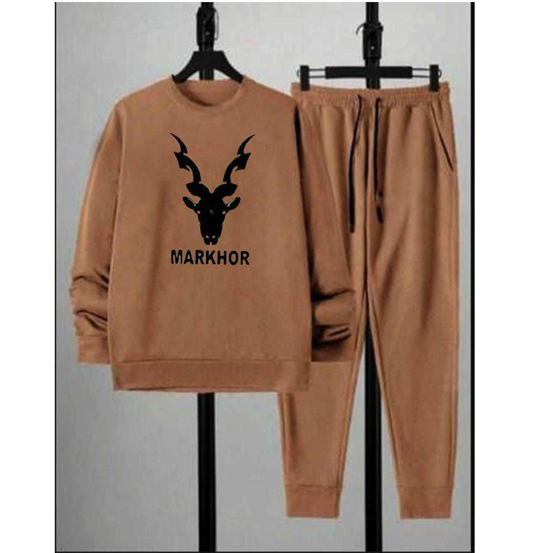 Men's Fleece Printed Sweatshirt Track Suit, 2 Pcs in Brown