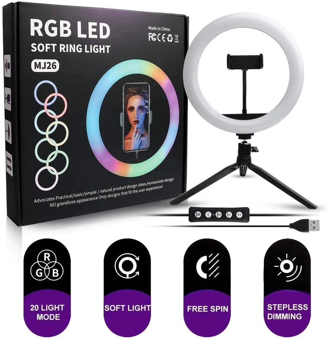 RGB LED Soft Ring Light MJ26 | 26cm (10.2”) | Dimmable with Tripod & Phone Holder, 360° Color Modes