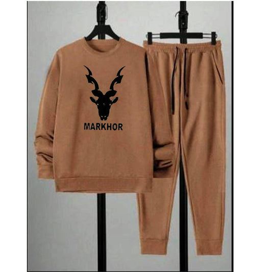 Men's Fleece Printed Sweatshirt Track Suit, 2 Pcs in Brown